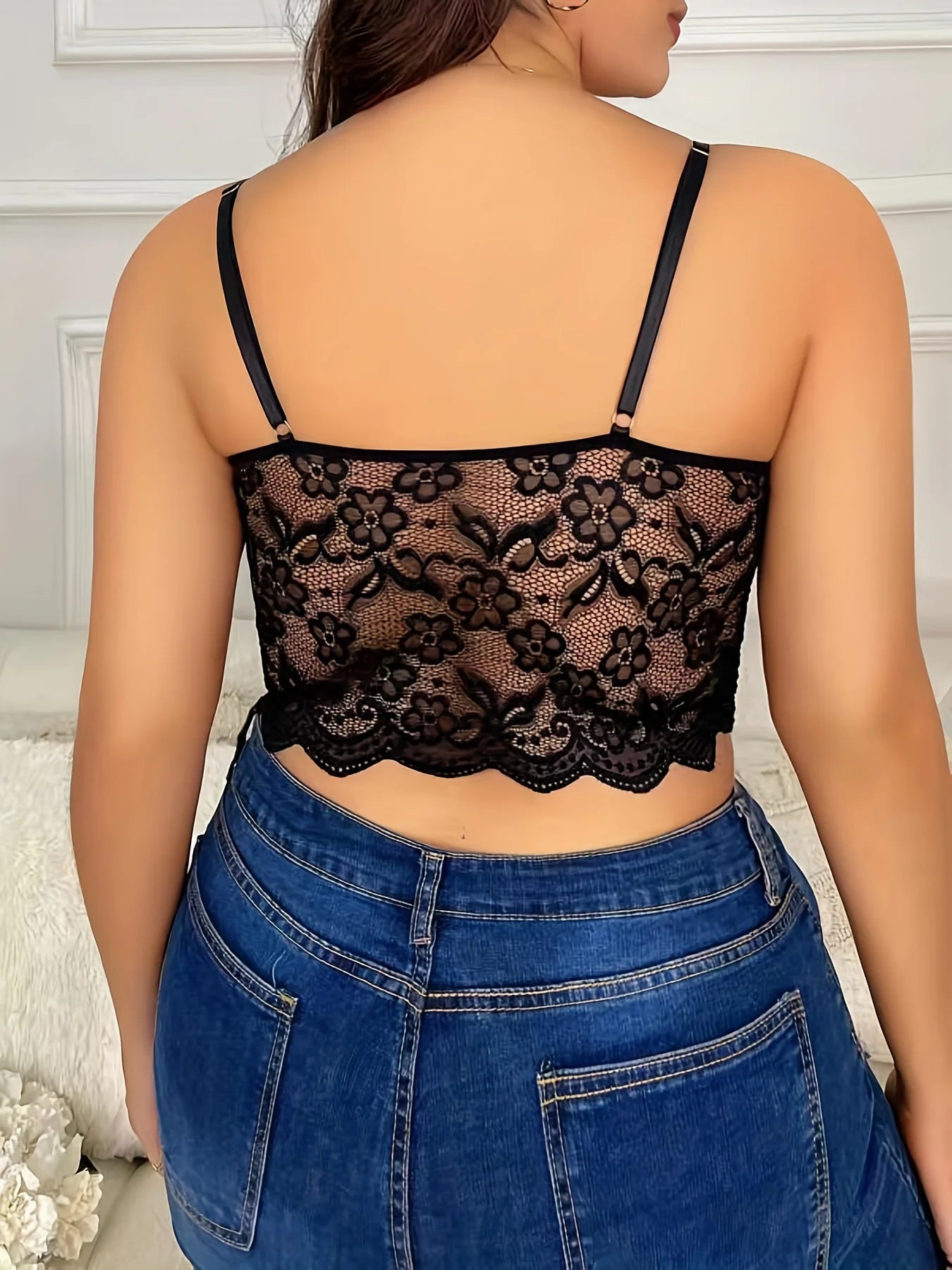 V-Neck Lace Floral Embroidery Longline High Stretch Elegant Tank Top