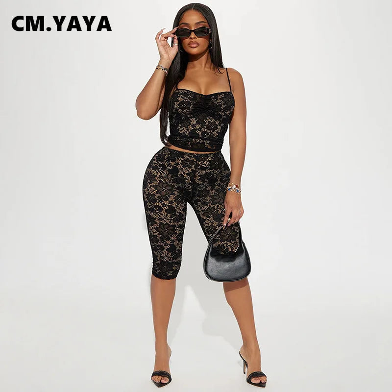 CM.YAYA Sleeveless Lace See Through Tops + Knee Length Shorts Set