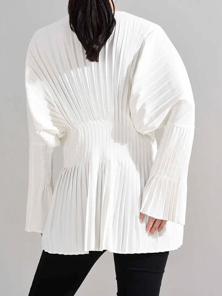 DEAT V-neck Pleated Waist Flare Sleeves Pullover Solid Color Slim Dress