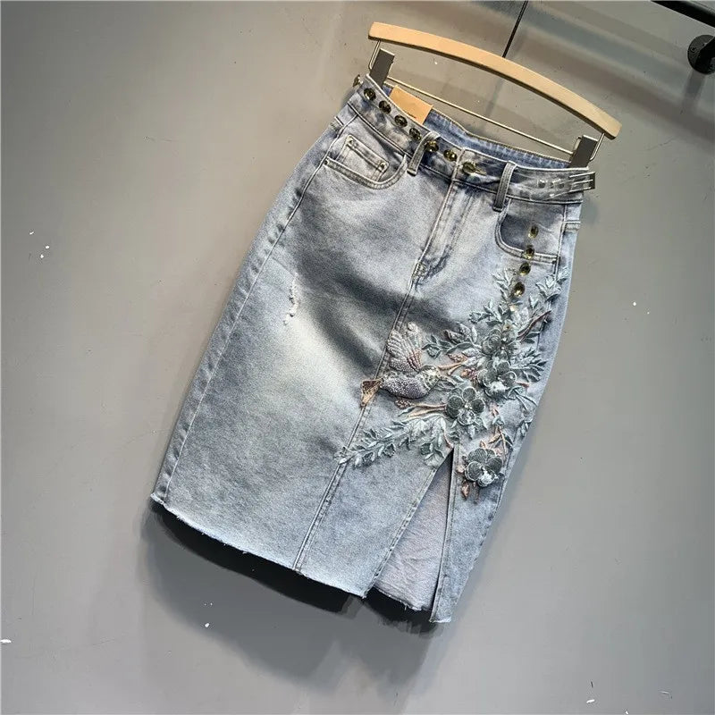 Floral Embroidered Denim Skirt