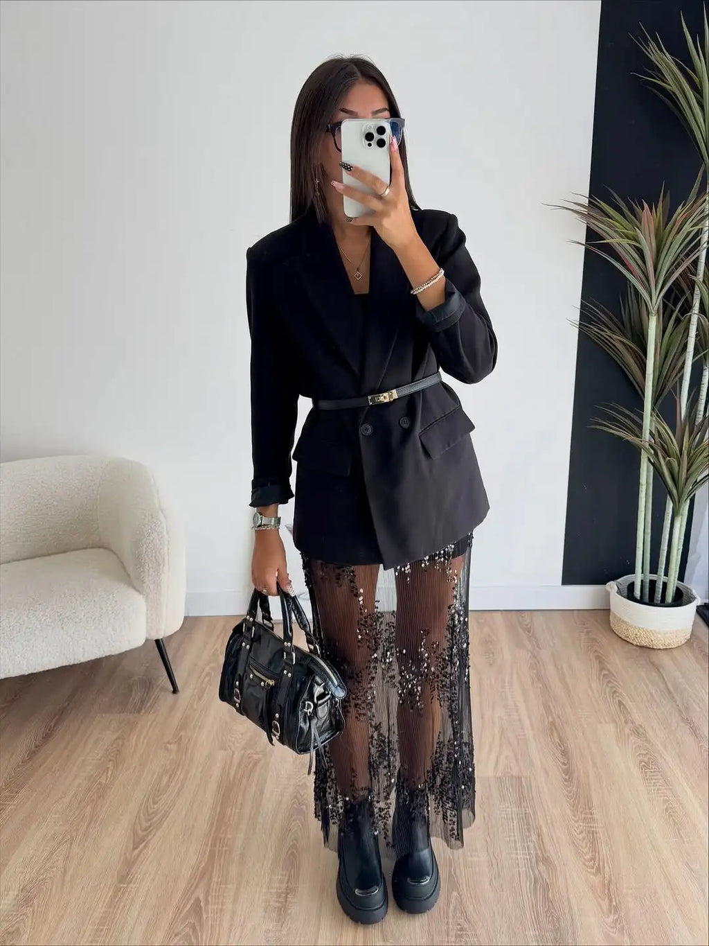 Sequin Patchwork Lace Long Skirt