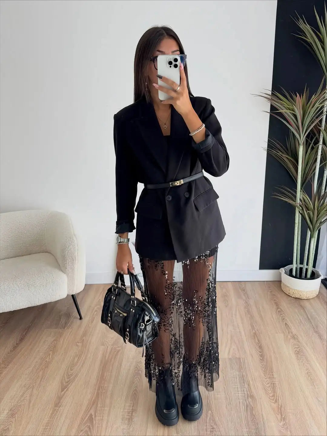 Sequin Patchwork Lace Long Skirt