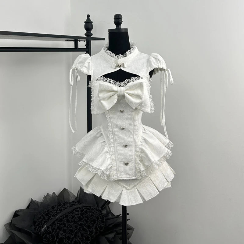 High-Neck Keyhole Cutout Corset Top and Tiered Ruffle Mini Skirt with Oversized Bow