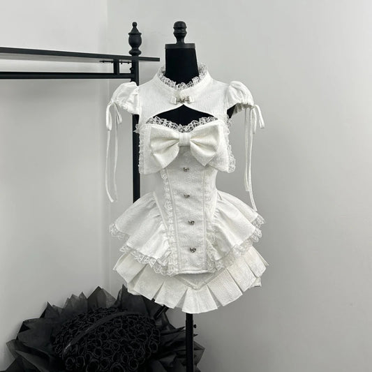 High-Neck Keyhole Cutout Corset Top and Tiered Ruffle Mini Skirt with Oversized Bow
