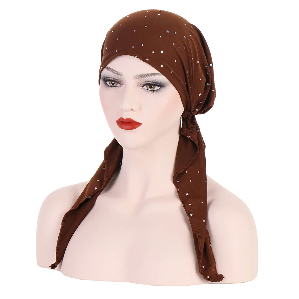 Shiny Glitter Elastic Solid Color Pre-Tied Hijabs Wrap Head Scarf Muslim Turban Bonnet for Women Inner Hat Turbantes Caps Mujer