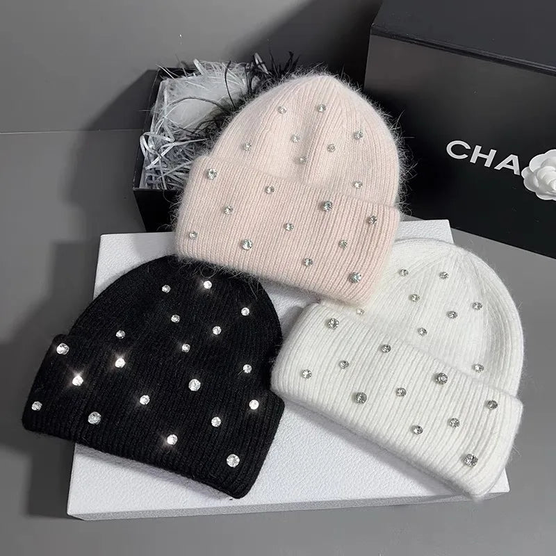 Luxury Rhinestone Rabbit Hair Knitted Beanie