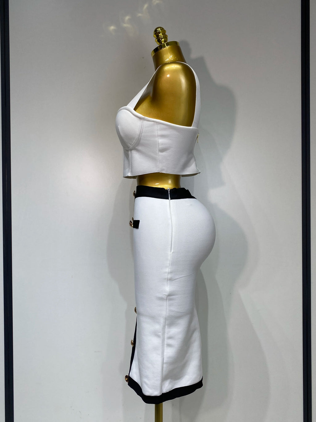 Button Patchwork Bodycon Bandage Two Piece Set