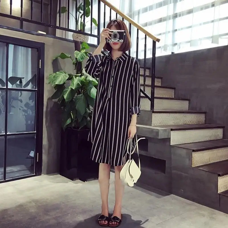 Long Sleeve Striped Printed Shirt Dress