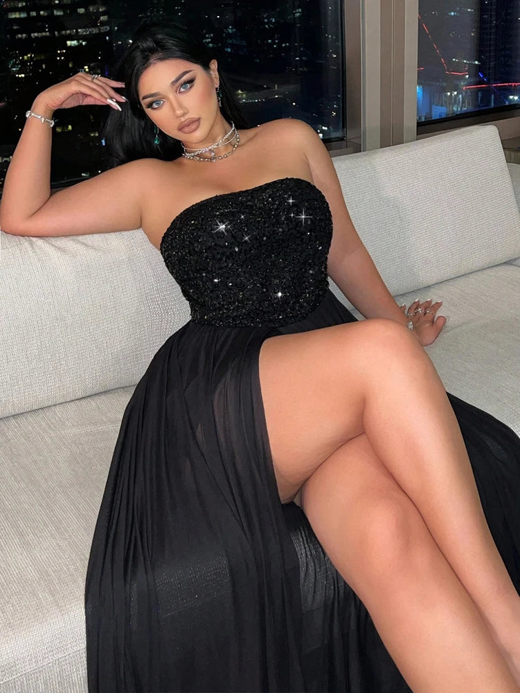 Sequin Strapless High-Slit Maxi Evening Dress