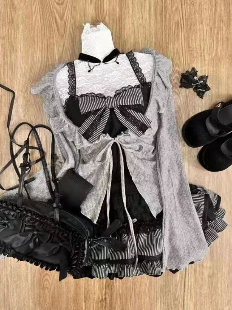 Lace Up Ruffles Cardigan Slim Fit Strapless Vest High Waist Ruched Skirt Set