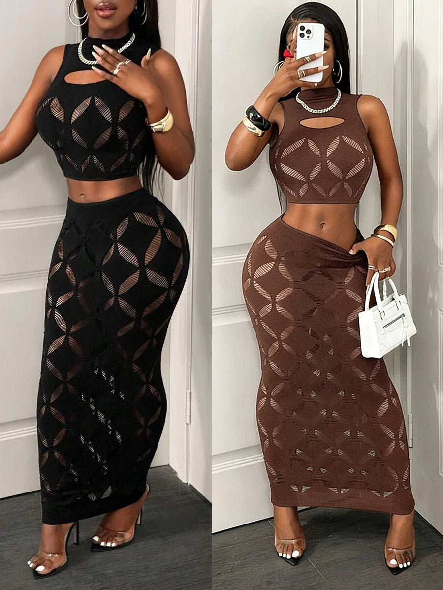 See Through Mesh Hollow Out Crop Tank & High Waist Bodycon Mini Skirt Set