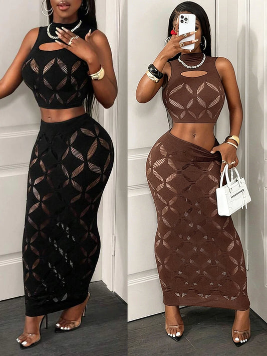 FHSEER See Through Mesh Hollow Out Crop Tank & High Waist Bodycon Skirt Set