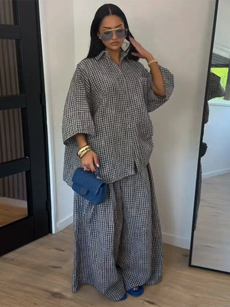 Turn-down Collar Full Sleeve Shirt Loose Bottom Plaid Set