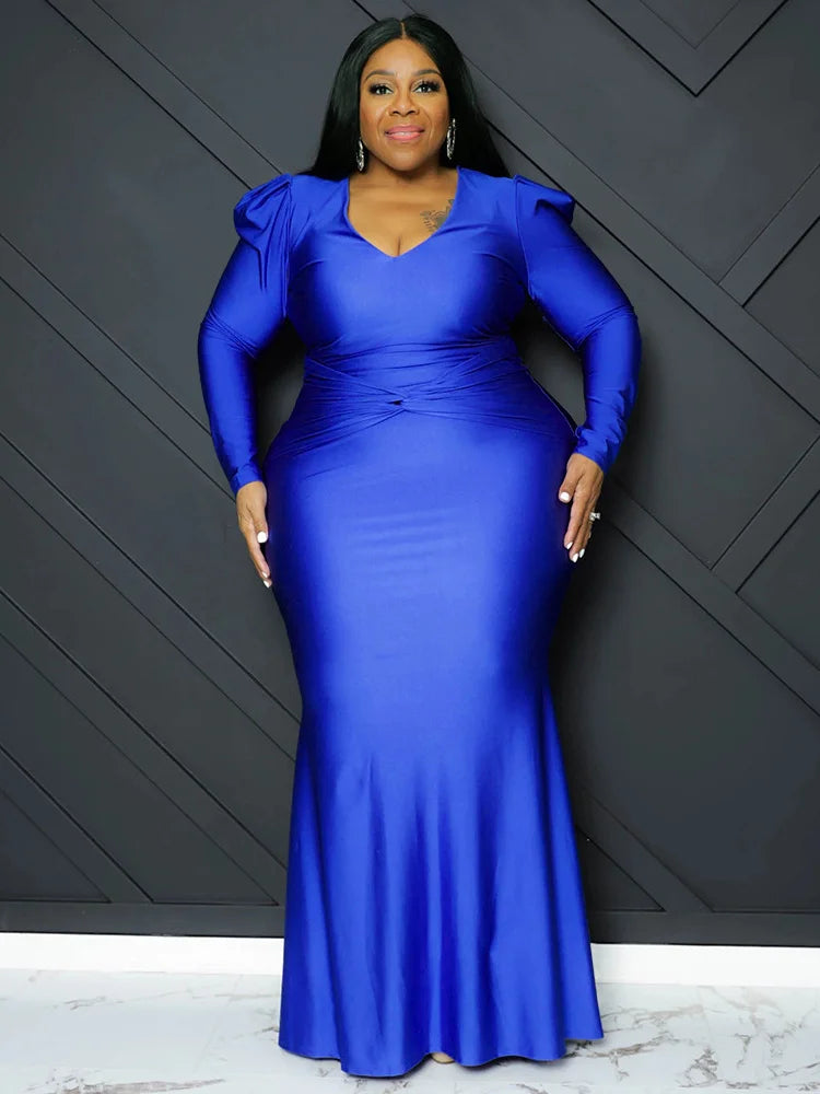 V Neck Long Sleeve Full Length Bodycon Dress