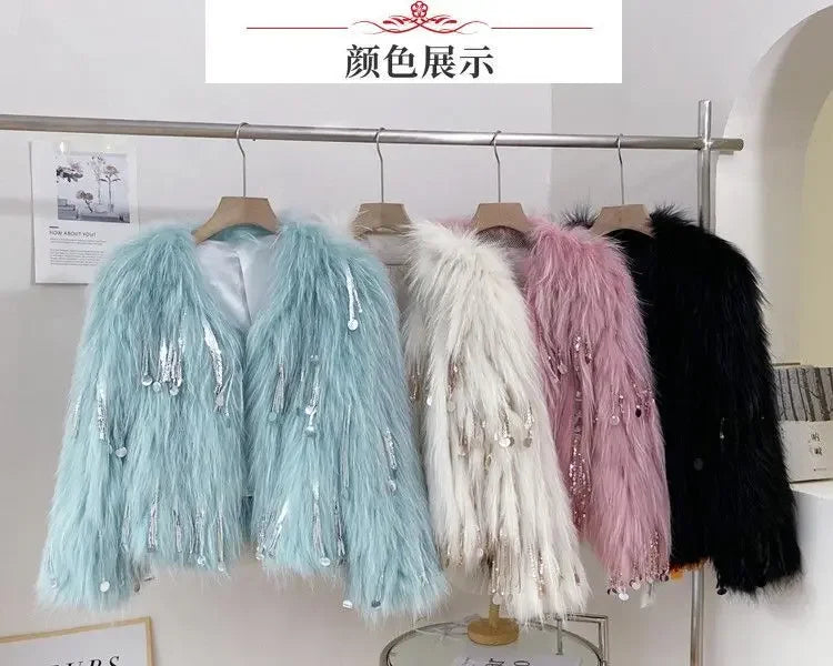 Faux Fox Fur Grass Sequined Tassels Coat