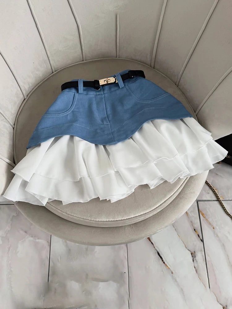 TARUXY Ruffled Splice Denim Skirt