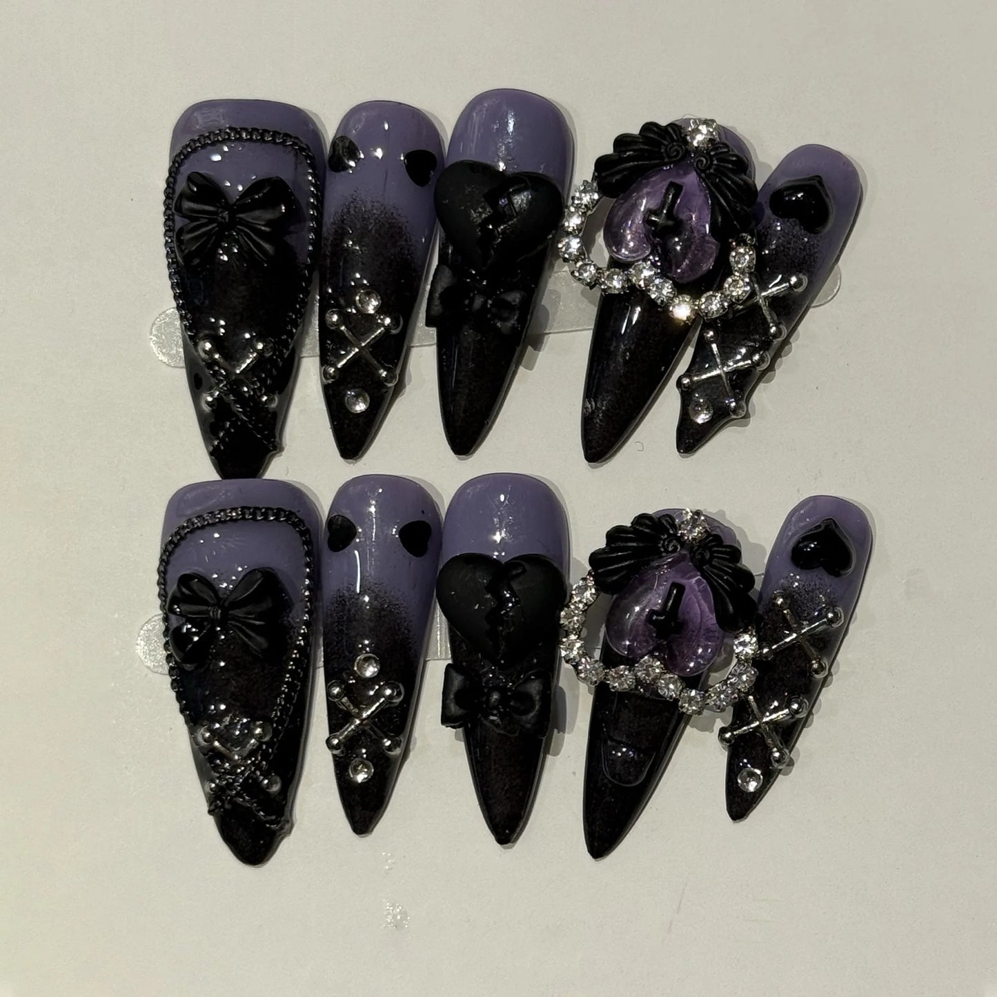 Long Stiletto Press on Fake Nails Blue Heart Diamond Bow Decoration False Nail Y2K Fashion Artificial Nail Handmade Acrylic Nail