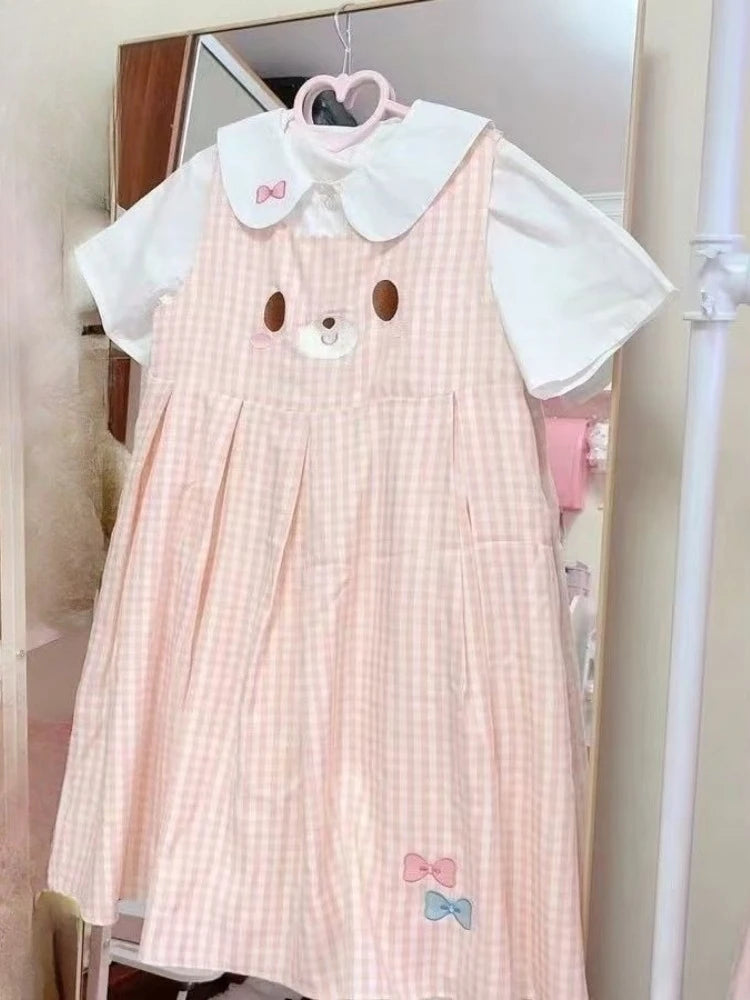 Plaid Cartoon Sleeveless Mini Dress + Doll Collar Blouse