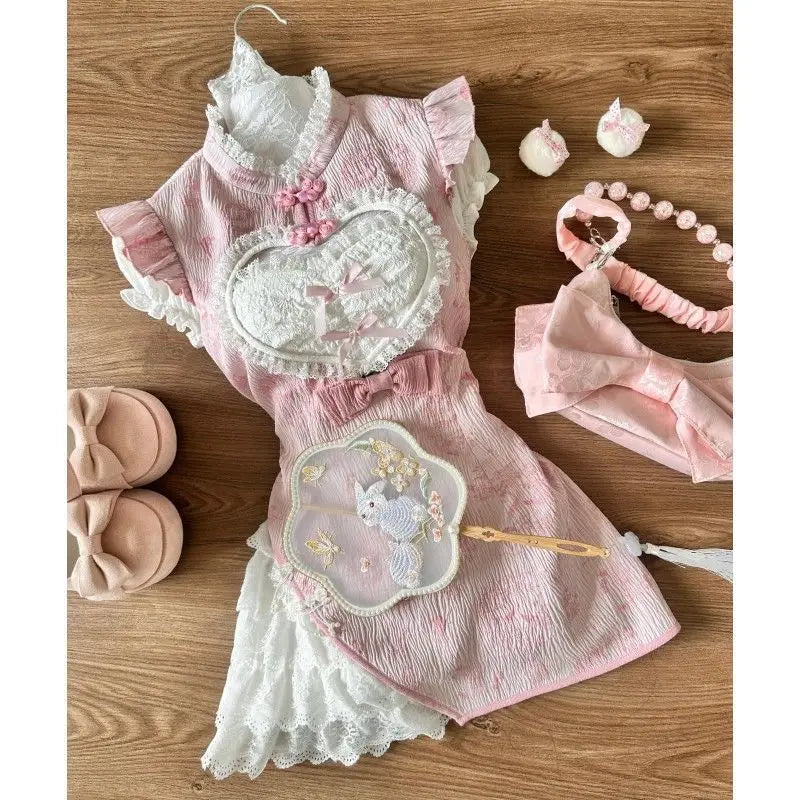 Lace Patchwork Top + Y2k Plaid Mini Skirt Set