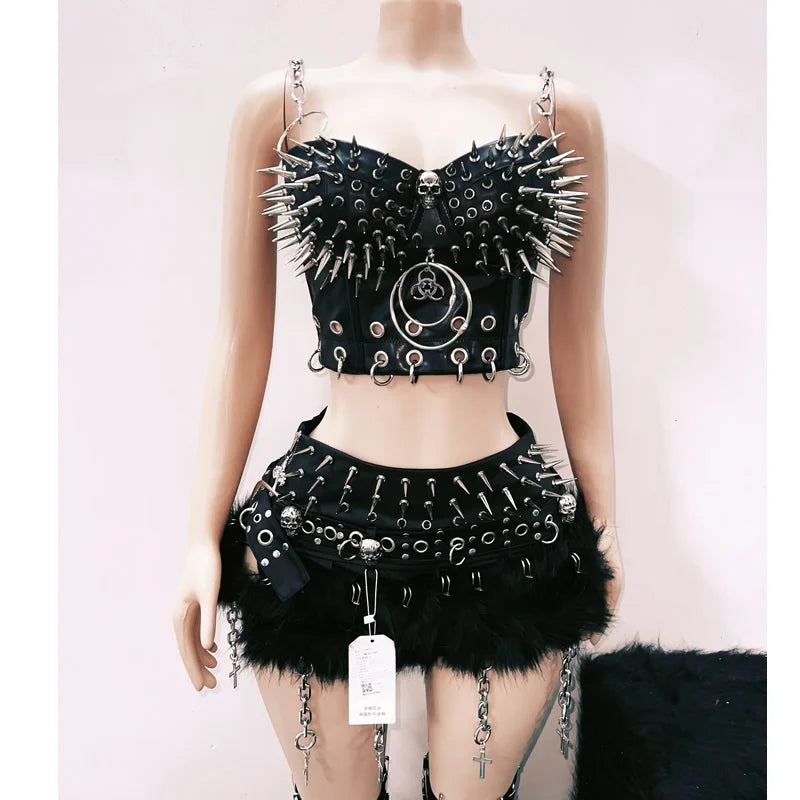 Spiked Corset with Chain Detail and Faux Fur Trim Skirt Set