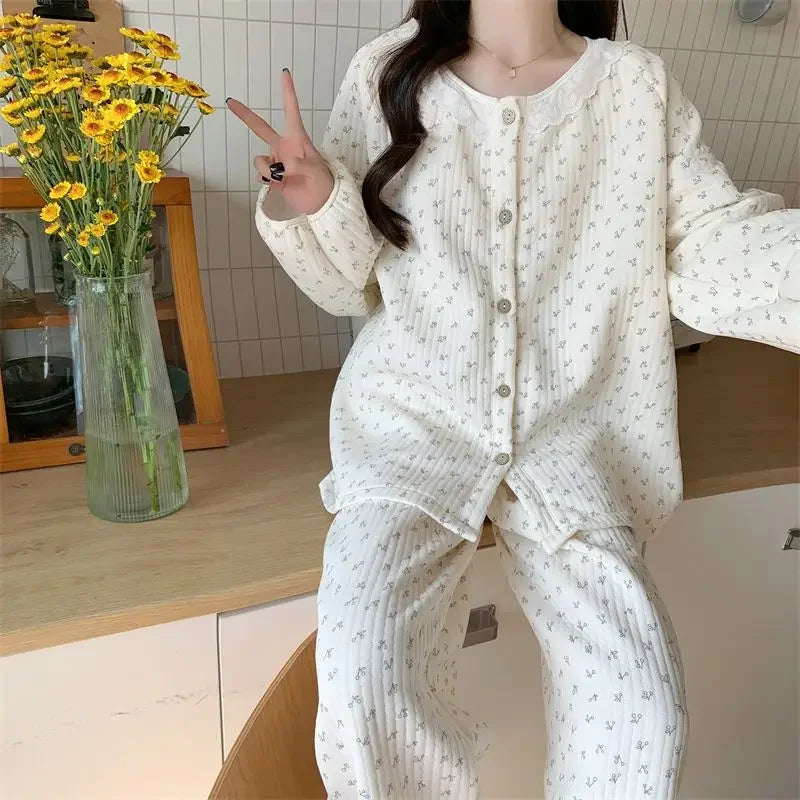 Floral Sleepwear Women Pajama Sets Winter Piiama Fleece Pants Sets 2 Pieces Korean Cute Lace Night Wears Warm Sleeping Home Suit