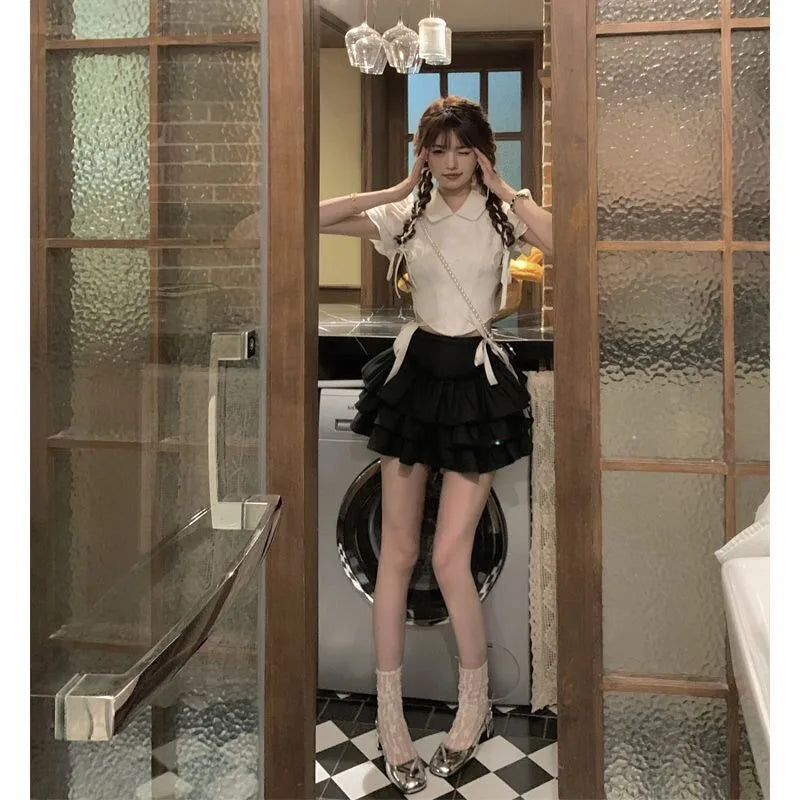 Lace Up Top Cake Skirt Two-piece Set