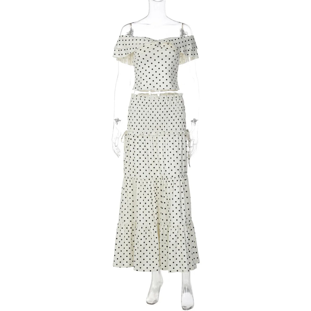 Polka Dot Crop Top And Side Bow Skirt Set