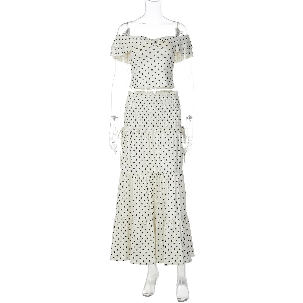 Polka Dot Crop Top And Side Bow Skirt Set