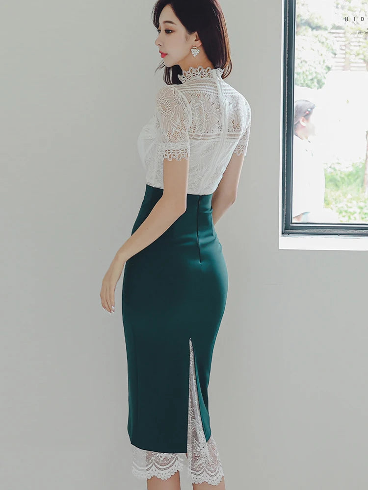 High-Neck Lace Short Sleeve Top and Emerald High-Waist Ruched Side-Slit Pencil Skirt with Floral Lace Panel Detail