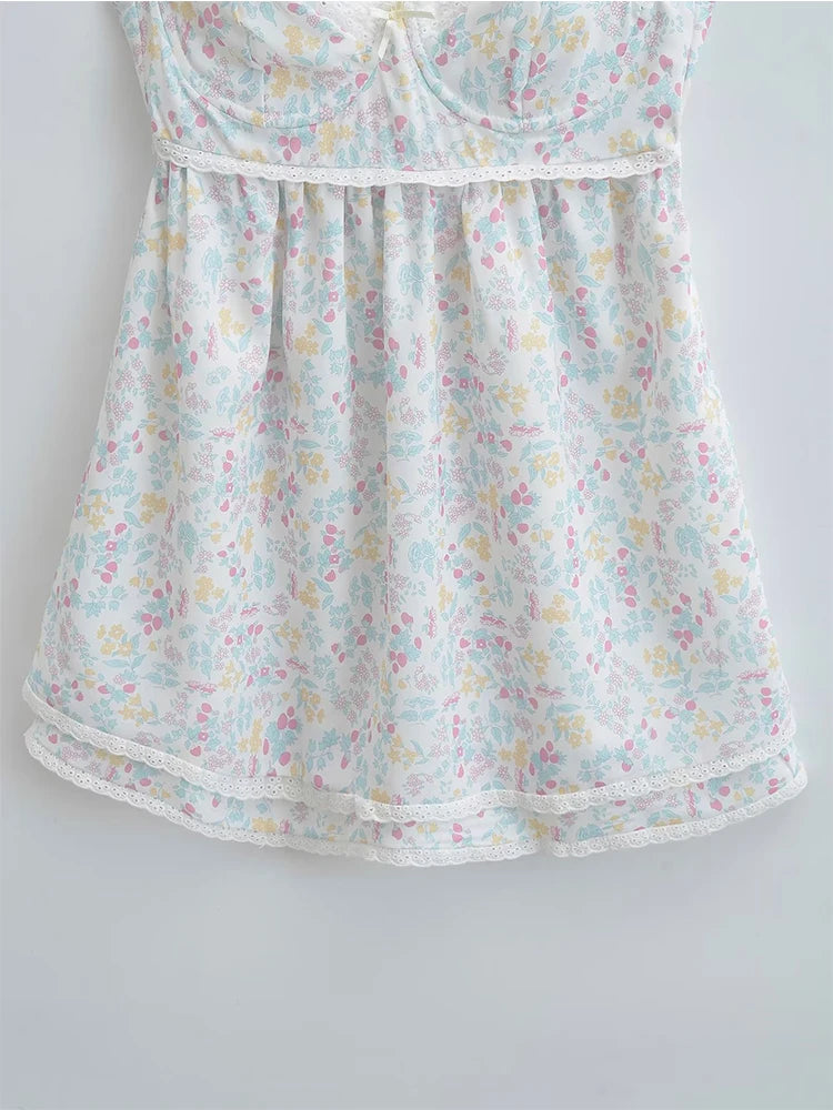 YENKYE Lace Trim Floral Print Sling Dress