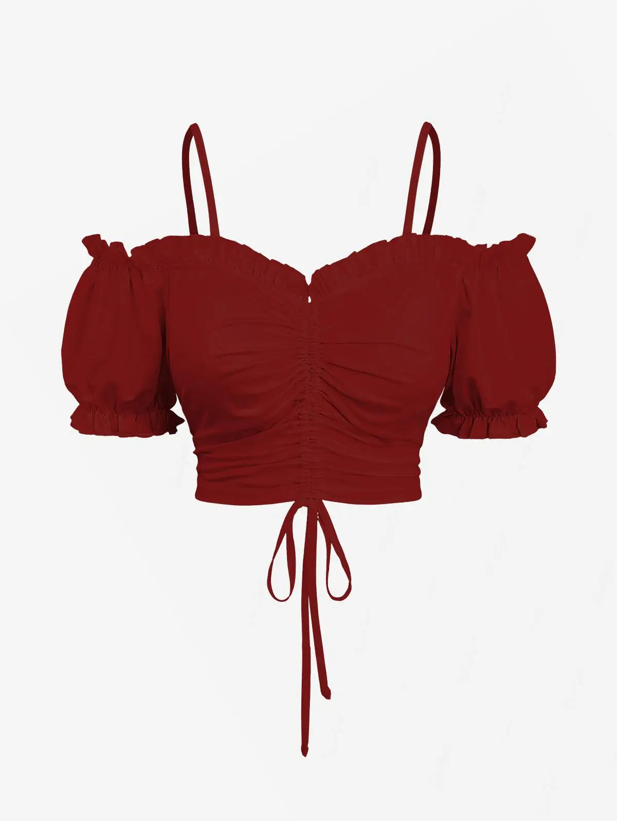 Cold Shoulder Puff Sleeves Cinched Ruffles Cropped Tops Solid  Women Summer Casual Cami Top XS-3X
