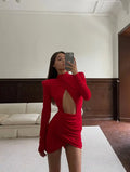 Solid Hollow-Out High Collar Mini Dress