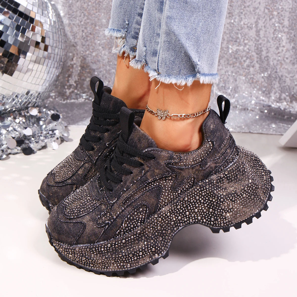 Crystal Lace-Up Platform Sneakers
