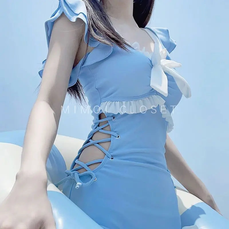 Sweet Patchwork Sleeveless Bowknot One Piece
