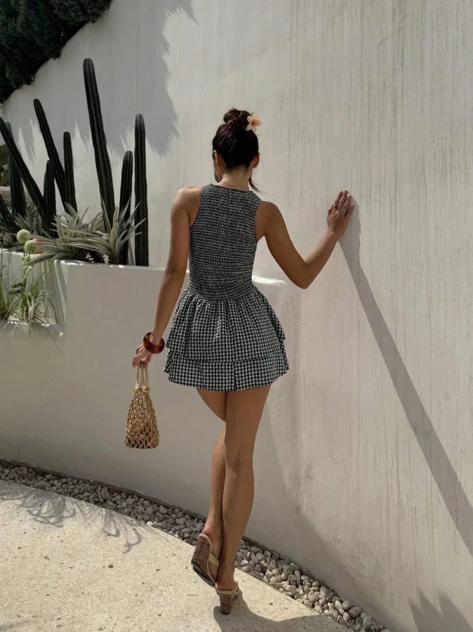 Basic Collar Plaid Sleeveless Puffy Dress