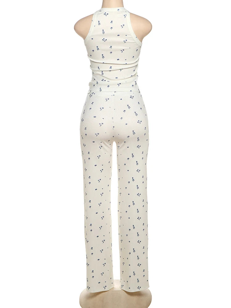 Flower Print Squared Collar Top + Straight Pants Set