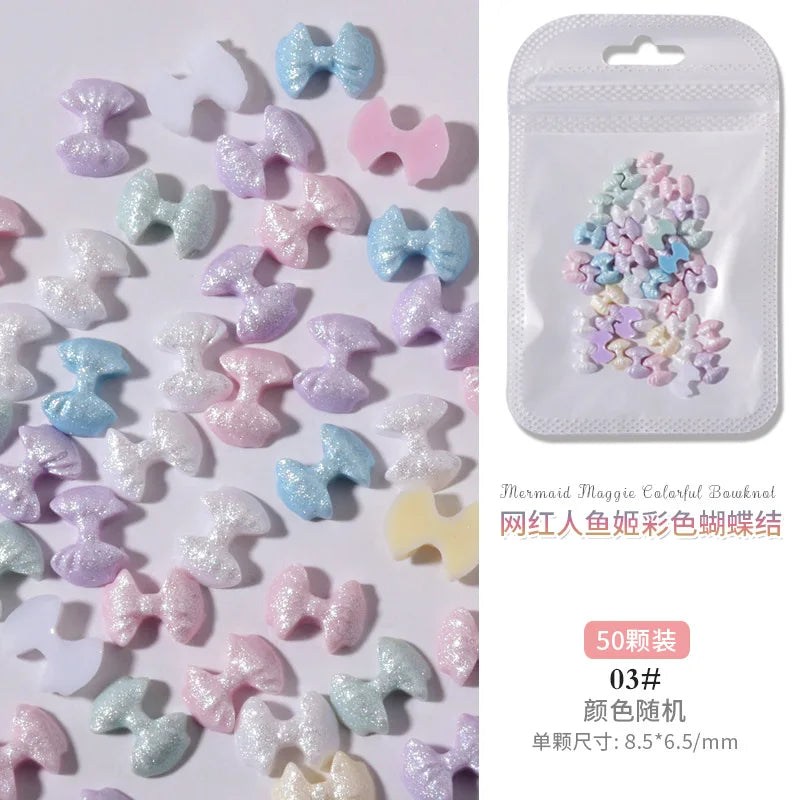50PCS Aurora Acrylic 3D Nail Art Bow Charm For Nails Decoration Design Kawaii Manicure Accessories Bow-knot DIY Craft Supplies