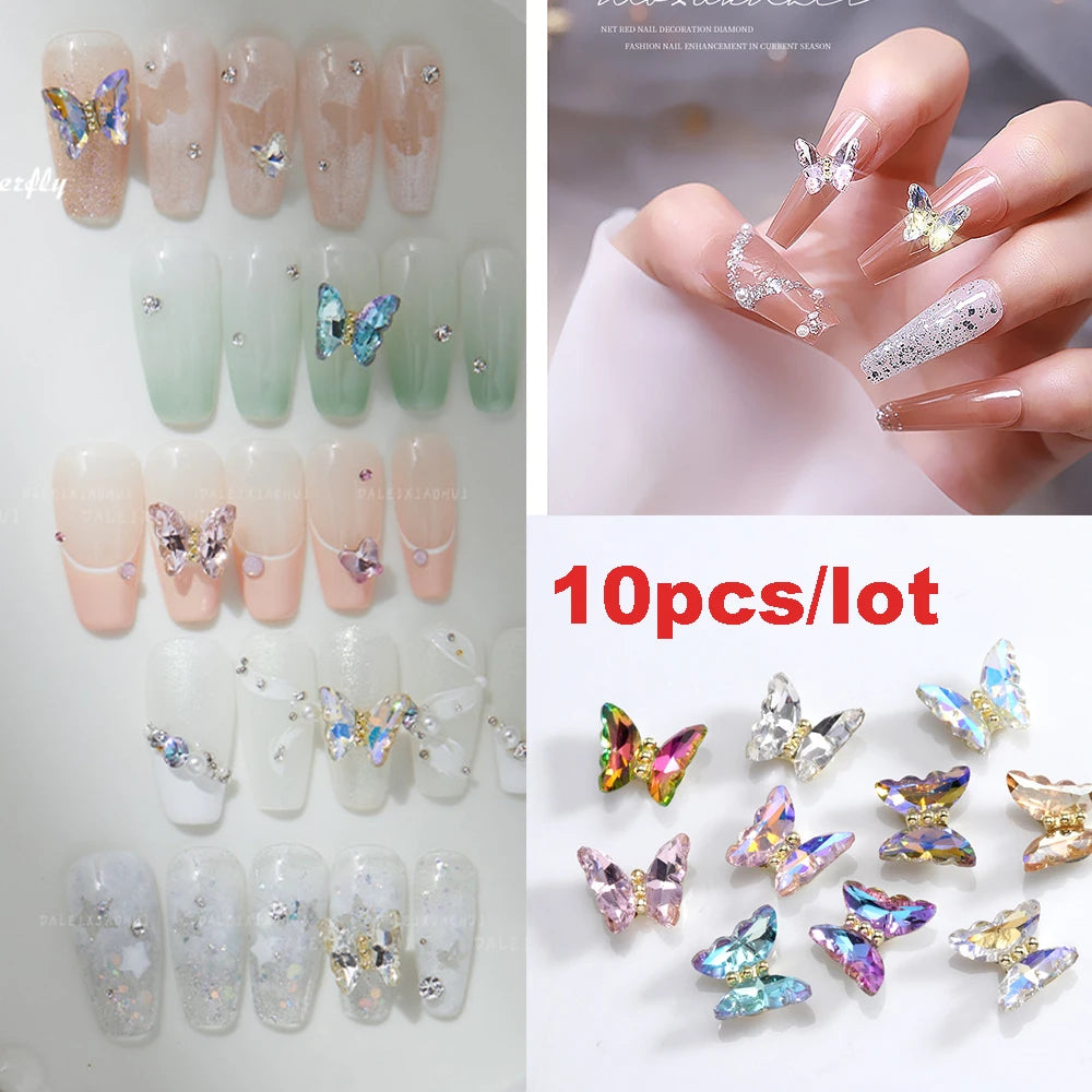 10Pcs Butterfly Nail Art Designer Charms 3D-Luxury Crystal Butterfly Nail Art Decor 12X10mm Alloy Butterfly Manicure Rhinestone*