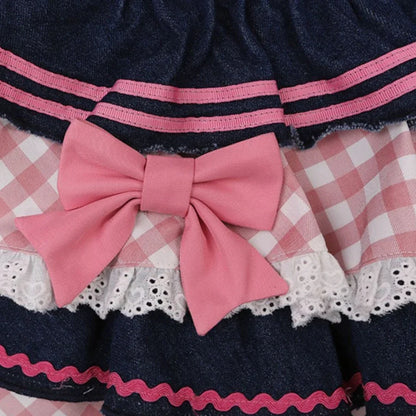 Gingham and Denim Tiered Ruffle Mini Skirt