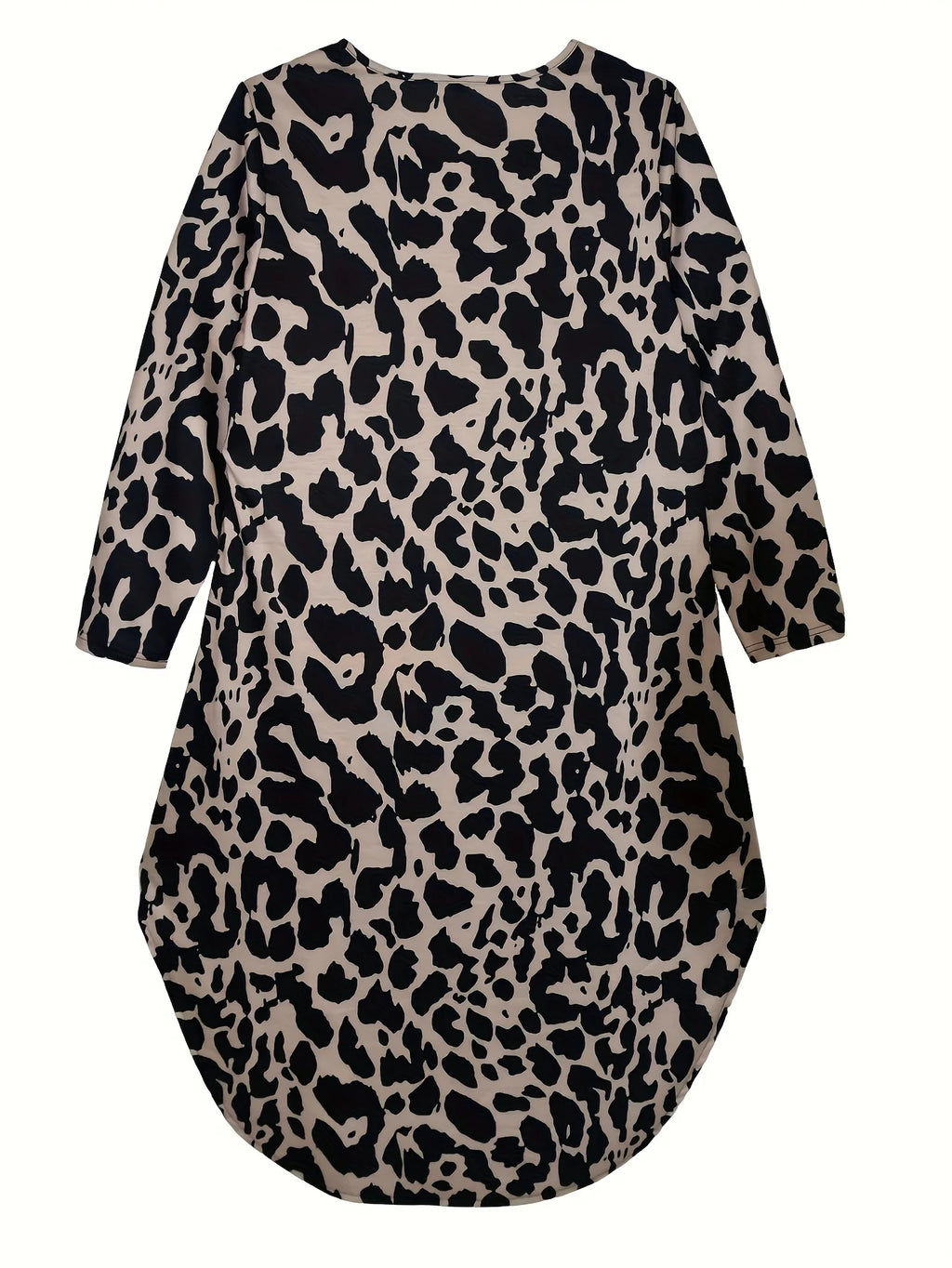 Women Plus Size Casual Leopard Print V Neck Tunic Dress with Pockets Polyester Knit Fabric, Slight Stretch Spring Season