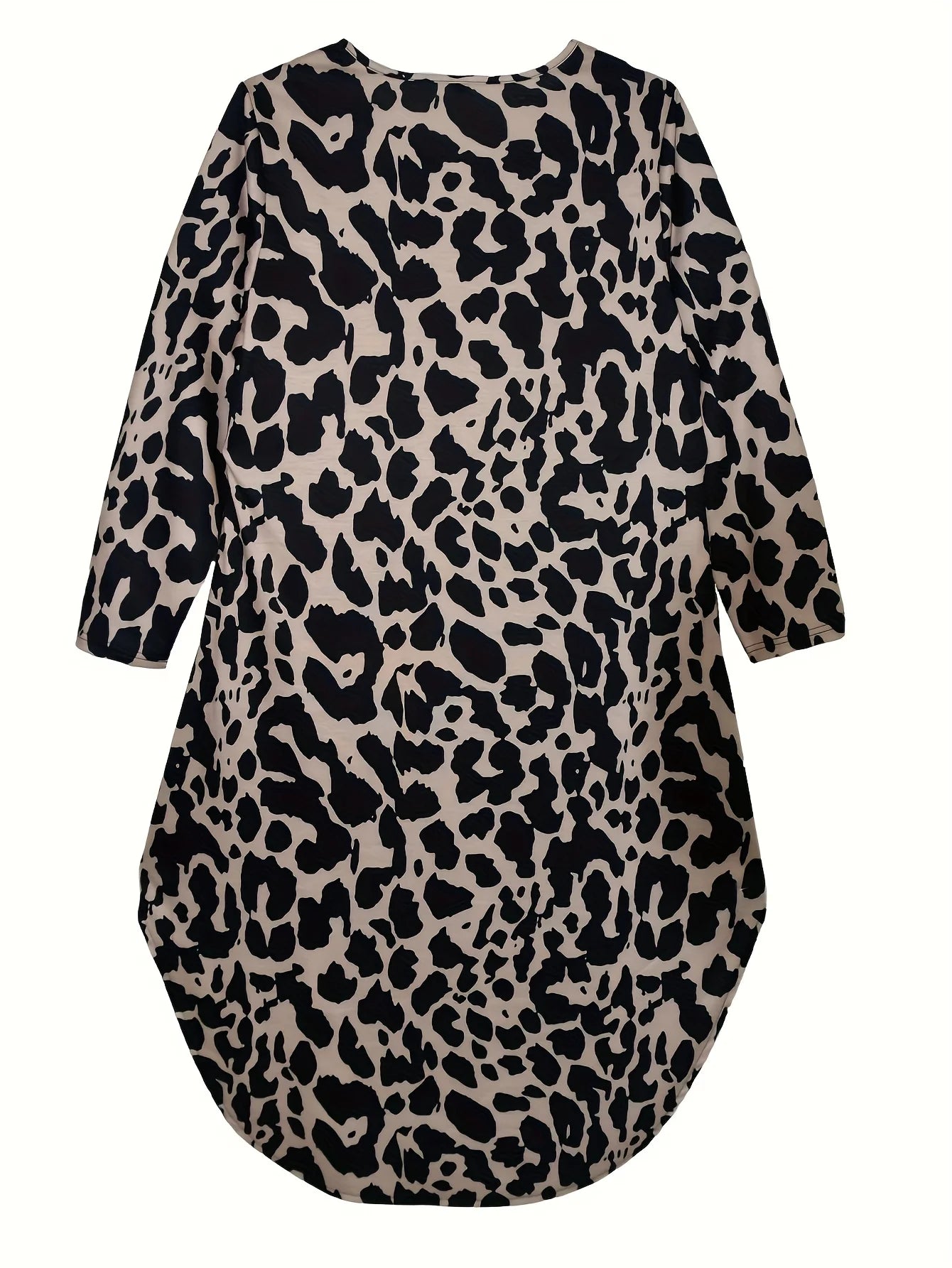 Women Plus Size Casual Leopard Print V Neck Tunic Dress with Pockets Polyester Knit Fabric, Slight Stretch Spring Season