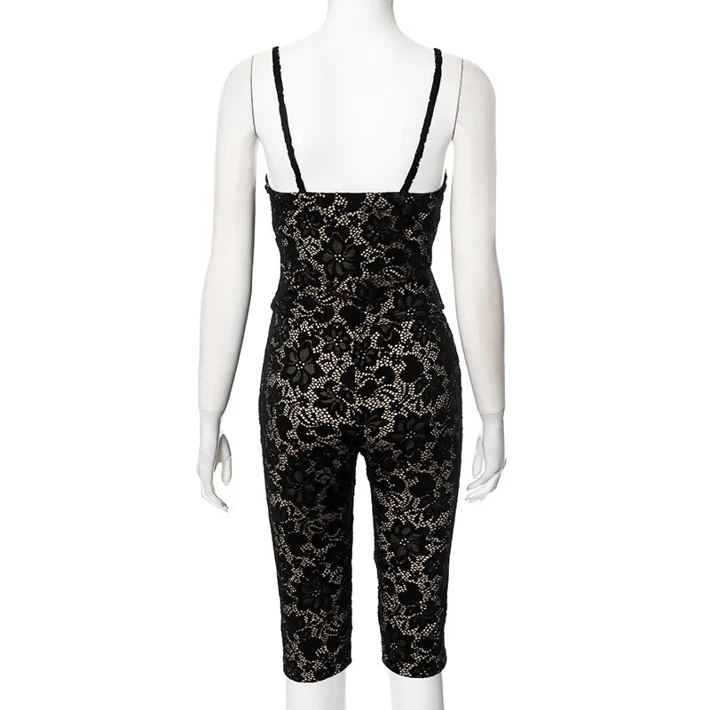 CM.YAYA Sleeveless Lace See Through Tops + Knee Length Shorts Set