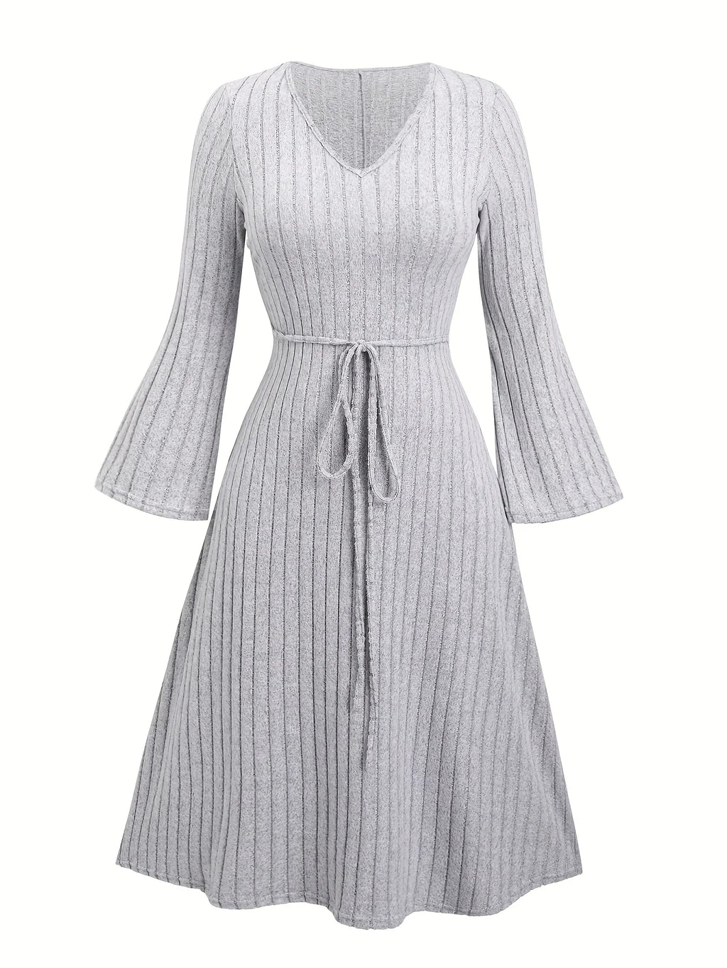 Elegant Flared Sleeve Ribbed V-Neck Dress