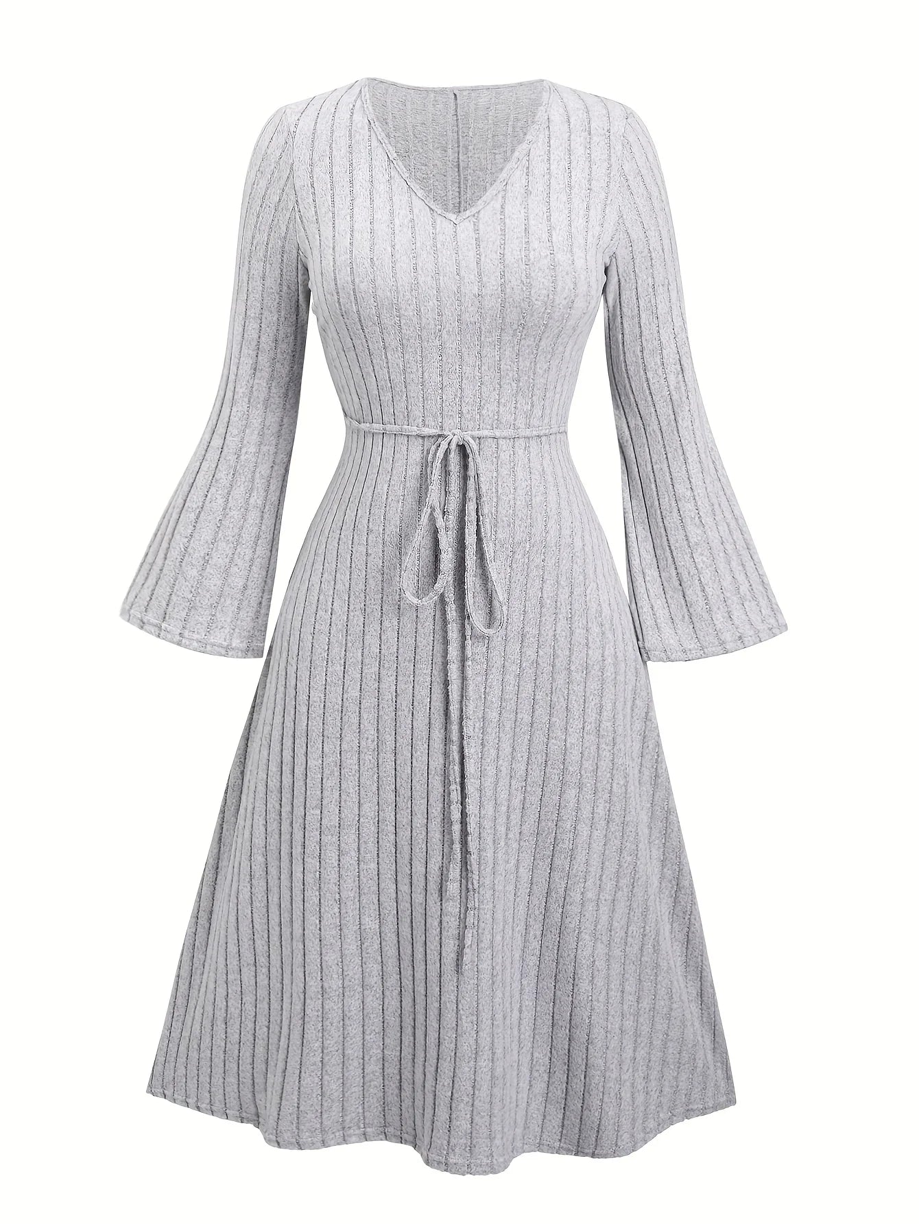 Elegant Flared Sleeve Ribbed V-Neck Dress