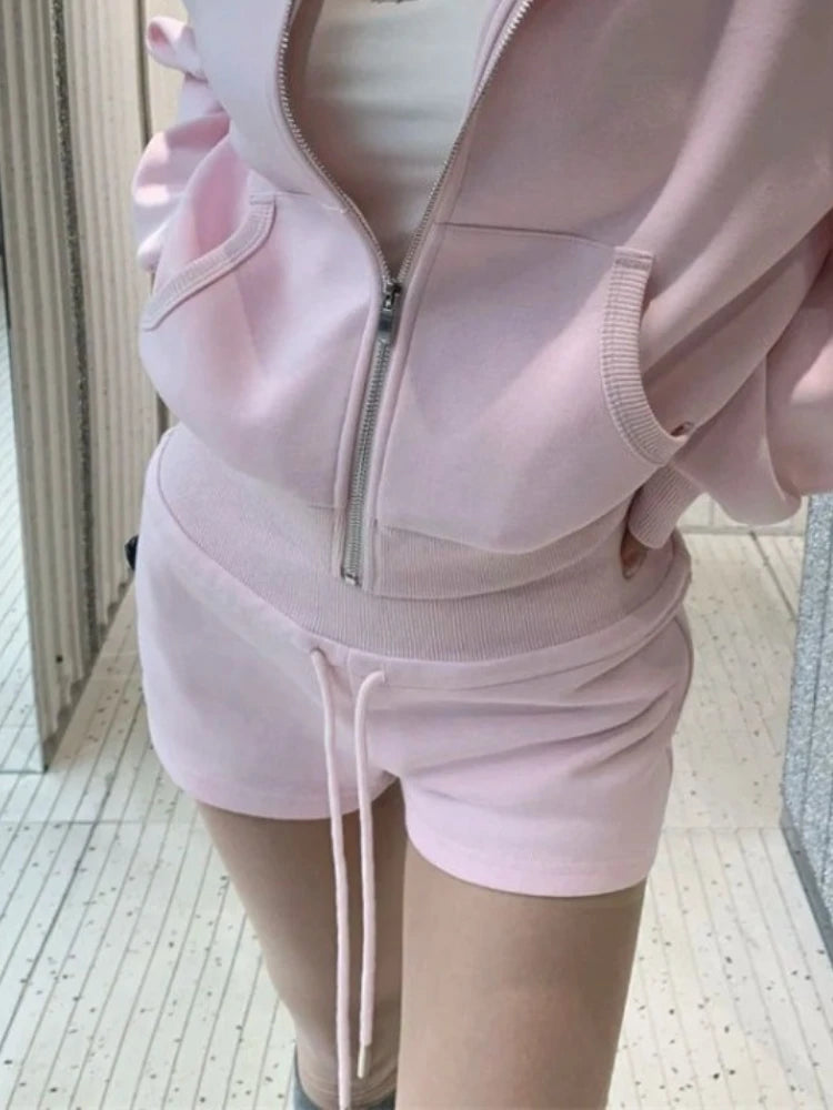 Zipper Hoodie Jacket + High Waist Straight Shorts Set
