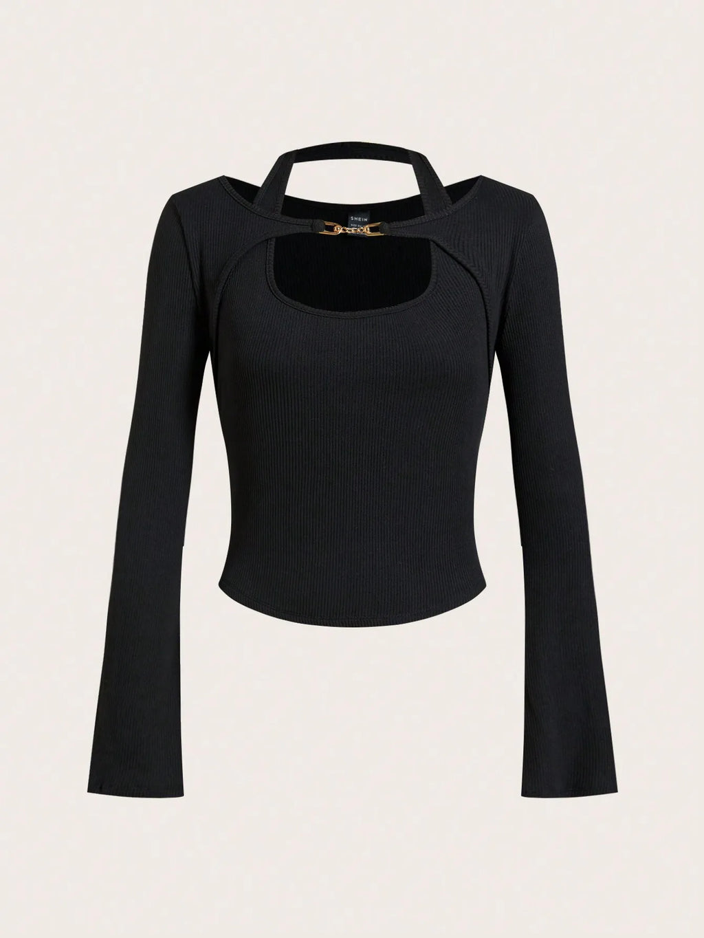Halter Neck Chain Button Long Sleeve Faux Two-Piece Top
