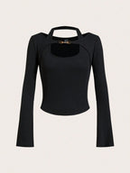 Halter Neck Chain Button Long Sleeve Faux Two-Piece Top