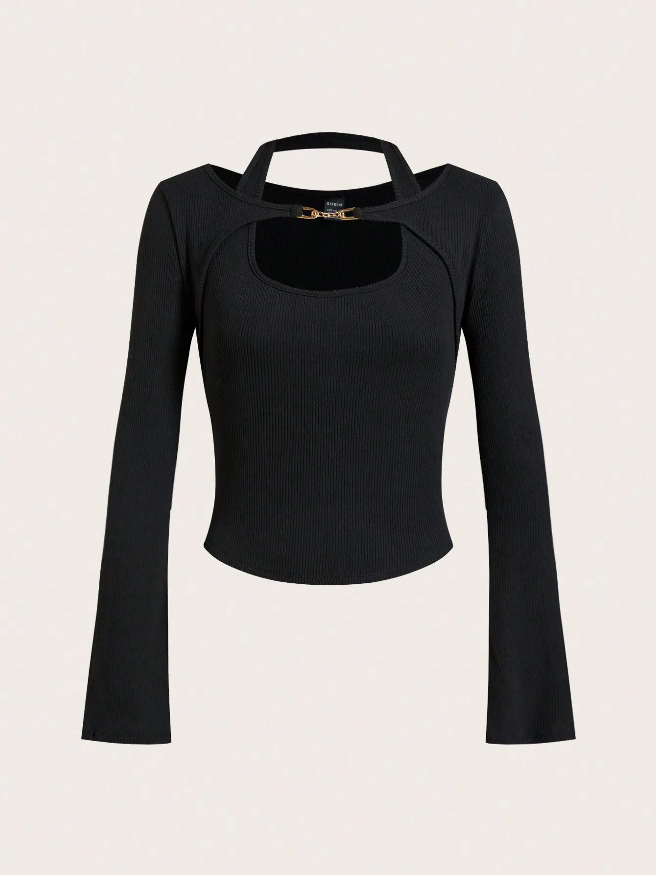 Halter Neck Chain Button Long Sleeve Faux Two-Piece Top