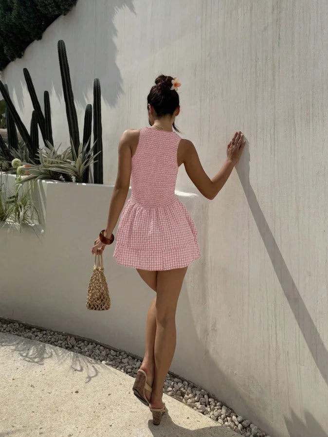 Basic Collar Plaid Sleeveless Puffy Dress