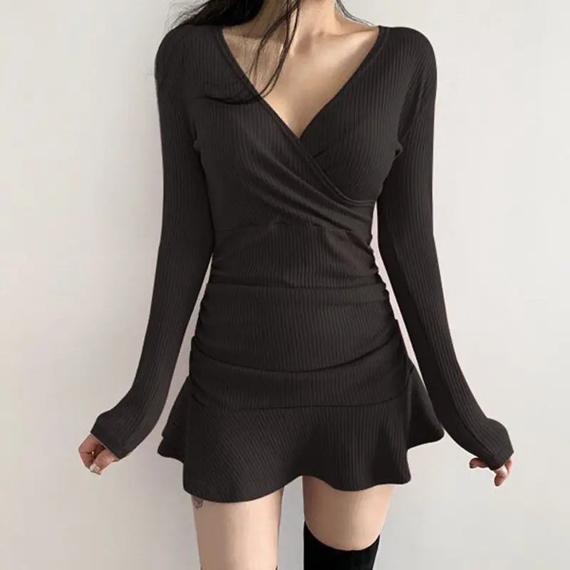 V-Neck Ruched Bodycon Mini Dress